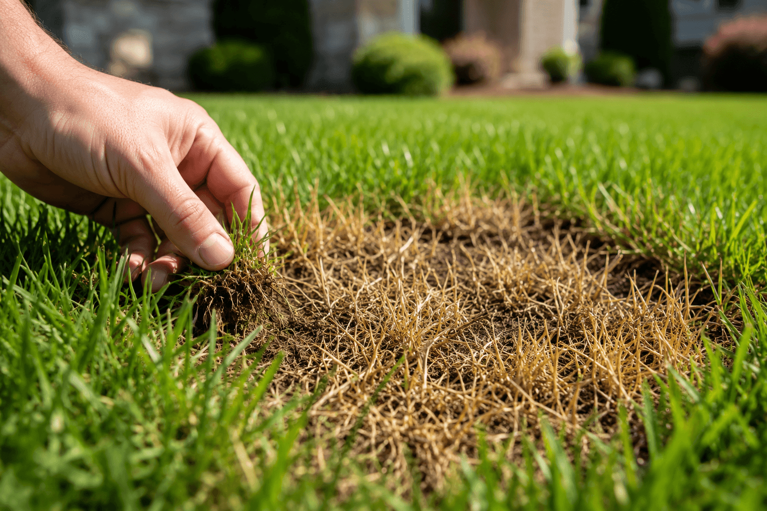 Hand lifting a patch of dead brown grass out of an otherwise healthy green lawn.