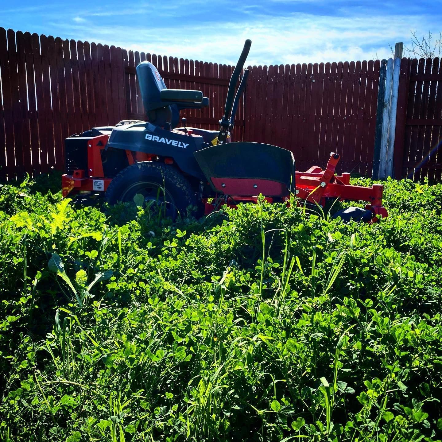 A Gravely mower parked in tall, overgrown weeds beside a red wooden fence.