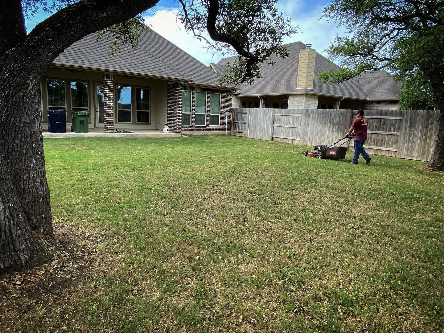 Local Roots crew member mowing a green backyard lawn with houses and trees behind.